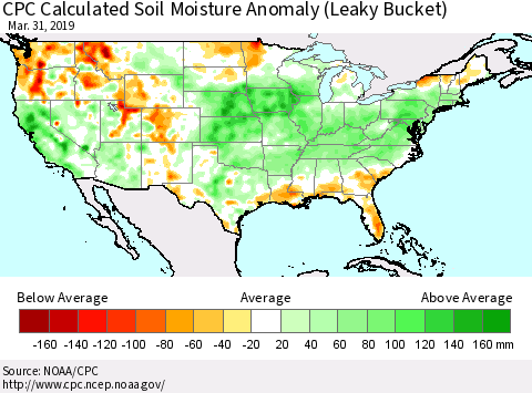 United States CPC Calculated Soil Moisture Anomaly (Leaky Bucket) Thematic Map For 3/26/2019 - 3/31/2019