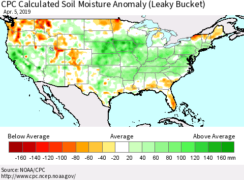United States CPC Calculated Soil Moisture Anomaly (Leaky Bucket) Thematic Map For 4/1/2019 - 4/5/2019