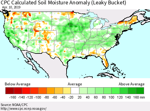 United States CPC Calculated Soil Moisture Anomaly (Leaky Bucket) Thematic Map For 4/6/2019 - 4/10/2019