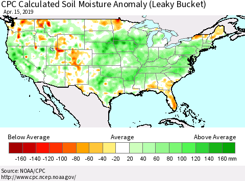 United States CPC Calculated Soil Moisture Anomaly (Leaky Bucket) Thematic Map For 4/11/2019 - 4/15/2019