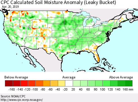 United States CPC Calculated Soil Moisture Anomaly (Leaky Bucket) Thematic Map For 4/16/2019 - 4/20/2019