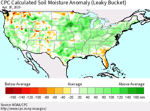 United States CPC Calculated Soil Moisture Anomaly (Leaky Bucket) Thematic Map For 4/26/2019 - 4/30/2019