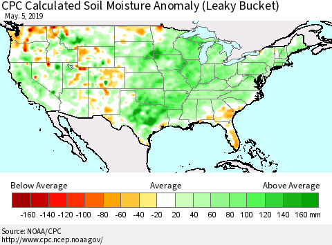 United States CPC Calculated Soil Moisture Anomaly (Leaky Bucket) Thematic Map For 5/1/2019 - 5/5/2019