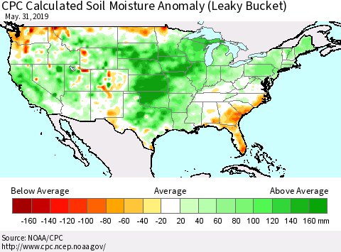 United States CPC Calculated Soil Moisture Anomaly (Leaky Bucket) Thematic Map For 5/26/2019 - 5/31/2019