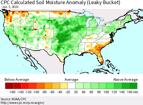 United States CPC Calculated Soil Moisture Anomaly (Leaky Bucket) Thematic Map For 6/1/2019 - 6/5/2019