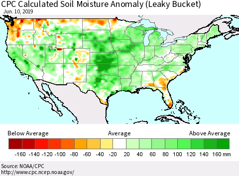 United States CPC Calculated Soil Moisture Anomaly (Leaky Bucket) Thematic Map For 6/6/2019 - 6/10/2019