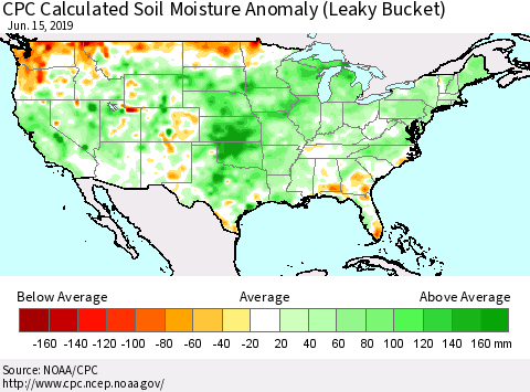 United States CPC Calculated Soil Moisture Anomaly (Leaky Bucket) Thematic Map For 6/11/2019 - 6/15/2019