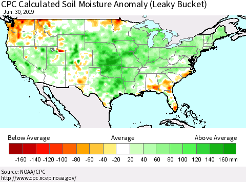 United States CPC Calculated Soil Moisture Anomaly (Leaky Bucket) Thematic Map For 6/26/2019 - 6/30/2019