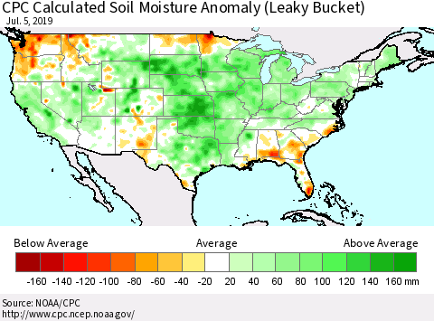 United States CPC Calculated Soil Moisture Anomaly (Leaky Bucket) Thematic Map For 7/1/2019 - 7/5/2019