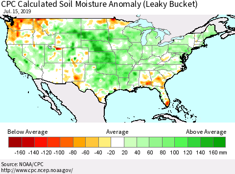 United States CPC Calculated Soil Moisture Anomaly (Leaky Bucket) Thematic Map For 7/11/2019 - 7/15/2019
