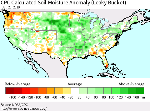 United States CPC Calculated Soil Moisture Anomaly (Leaky Bucket) Thematic Map For 7/16/2019 - 7/20/2019
