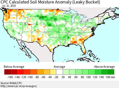 United States CPC Calculated Soil Moisture Anomaly (Leaky Bucket) Thematic Map For 7/26/2019 - 7/31/2019