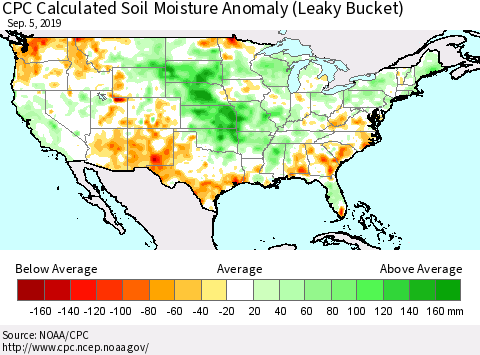 United States CPC Calculated Soil Moisture Anomaly (Leaky Bucket) Thematic Map For 9/1/2019 - 9/5/2019