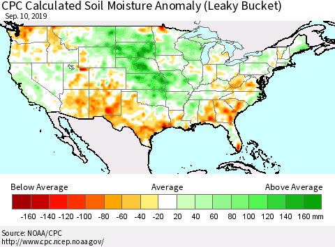 United States CPC Calculated Soil Moisture Anomaly (Leaky Bucket) Thematic Map For 9/6/2019 - 9/10/2019