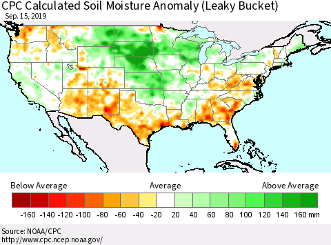 United States CPC Soil Moisture Departure from Normal (Leaky Bucket) Thematic Map For 9/11/2019 - 9/15/2019