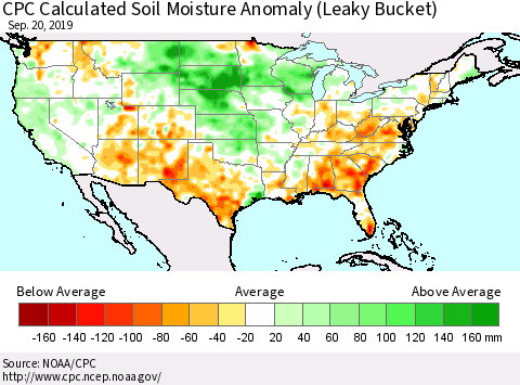 United States CPC Soil Moisture Departure from Normal (Leaky Bucket) Thematic Map For 9/16/2019 - 9/20/2019