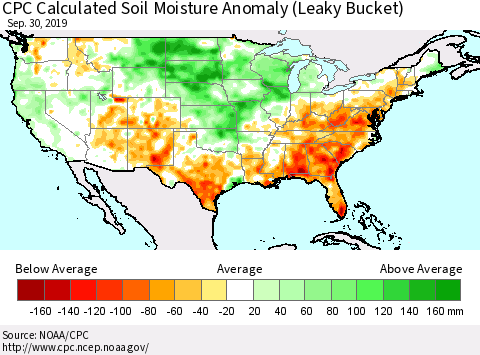 United States CPC Soil Moisture Departure from Normal (Leaky Bucket) Thematic Map For 9/26/2019 - 9/30/2019
