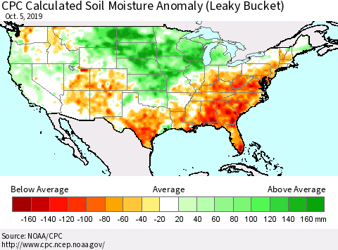 United States CPC Calculated Soil Moisture Anomaly (Leaky Bucket) Thematic Map For 10/1/2019 - 10/5/2019