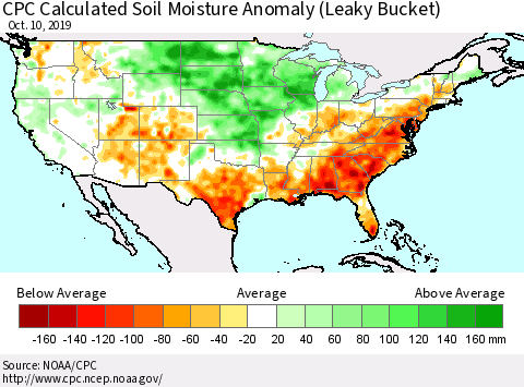United States CPC Calculated Soil Moisture Anomaly (Leaky Bucket) Thematic Map For 10/6/2019 - 10/10/2019