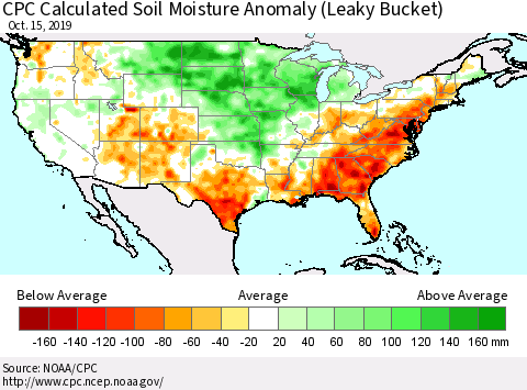 United States CPC Soil Moisture Departure from Normal (Leaky Bucket) Thematic Map For 10/11/2019 - 10/15/2019