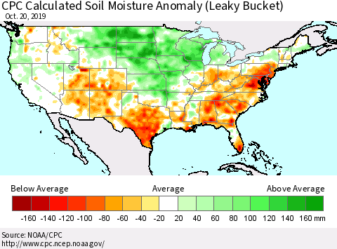 United States CPC Calculated Soil Moisture Anomaly (Leaky Bucket) Thematic Map For 10/16/2019 - 10/20/2019