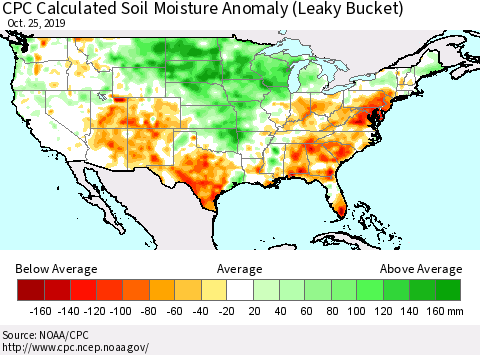 United States CPC Calculated Soil Moisture Anomaly (Leaky Bucket) Thematic Map For 10/21/2019 - 10/25/2019