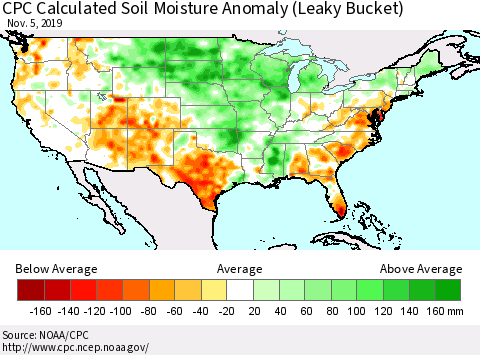 United States CPC Soil Moisture Departure from Normal (Leaky Bucket) Thematic Map For 11/1/2019 - 11/5/2019
