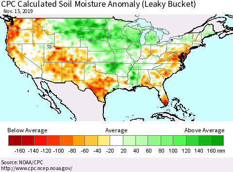 United States CPC Calculated Soil Moisture Anomaly (Leaky Bucket) Thematic Map For 11/11/2019 - 11/15/2019