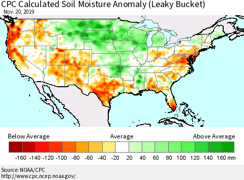 United States CPC Soil Moisture Departure from Normal (Leaky Bucket) Thematic Map For 11/16/2019 - 11/20/2019