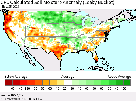 United States CPC Calculated Soil Moisture Anomaly (Leaky Bucket) Thematic Map For 11/21/2019 - 11/25/2019