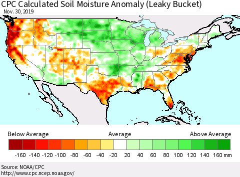 United States CPC Calculated Soil Moisture Anomaly (Leaky Bucket) Thematic Map For 11/26/2019 - 11/30/2019
