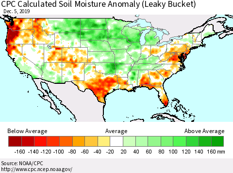 United States CPC Calculated Soil Moisture Anomaly (Leaky Bucket) Thematic Map For 12/1/2019 - 12/5/2019