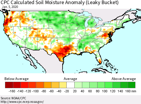 United States CPC Calculated Soil Moisture Anomaly (Leaky Bucket) Thematic Map For 1/1/2020 - 1/5/2020