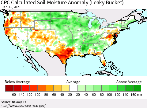 United States CPC Calculated Soil Moisture Anomaly (Leaky Bucket) Thematic Map For 1/11/2020 - 1/15/2020