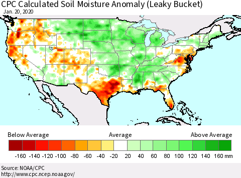 United States CPC Calculated Soil Moisture Anomaly (Leaky Bucket) Thematic Map For 1/16/2020 - 1/20/2020