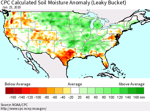 United States CPC Calculated Soil Moisture Anomaly (Leaky Bucket) Thematic Map For 1/21/2020 - 1/25/2020