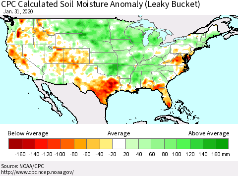 United States CPC Calculated Soil Moisture Anomaly (Leaky Bucket) Thematic Map For 1/26/2020 - 1/31/2020