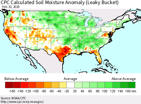 United States CPC Soil Moisture Departure from Normal (Leaky Bucket) Thematic Map For 2/6/2020 - 2/10/2020