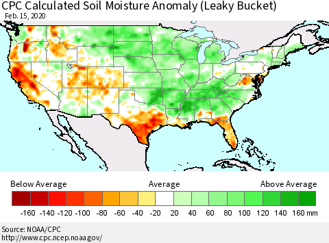 United States CPC Soil Moisture Departure from Normal (Leaky Bucket) Thematic Map For 2/11/2020 - 2/15/2020