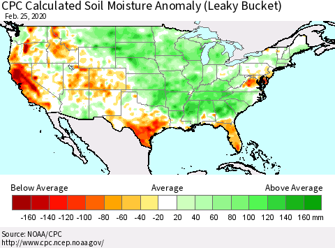 United States CPC Calculated Soil Moisture Anomaly (Leaky Bucket) Thematic Map For 2/21/2020 - 2/25/2020