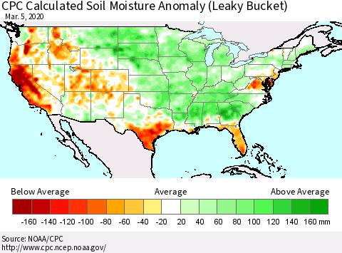 United States CPC Calculated Soil Moisture Anomaly (Leaky Bucket) Thematic Map For 3/1/2020 - 3/5/2020