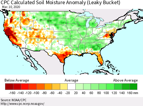 United States CPC Soil Moisture Departure from Normal (Leaky Bucket) Thematic Map For 3/6/2020 - 3/10/2020