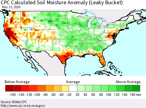 United States CPC Calculated Soil Moisture Anomaly (Leaky Bucket) Thematic Map For 3/11/2020 - 3/15/2020