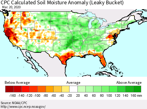 United States CPC Calculated Soil Moisture Anomaly (Leaky Bucket) Thematic Map For 3/16/2020 - 3/20/2020