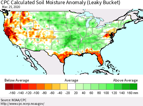 United States CPC Soil Moisture Departure from Normal (Leaky Bucket) Thematic Map For 3/21/2020 - 3/25/2020
