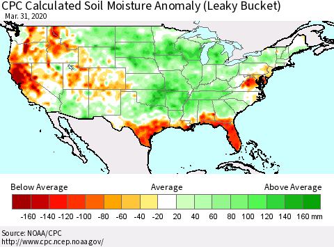 United States CPC Calculated Soil Moisture Anomaly (Leaky Bucket) Thematic Map For 3/26/2020 - 3/31/2020