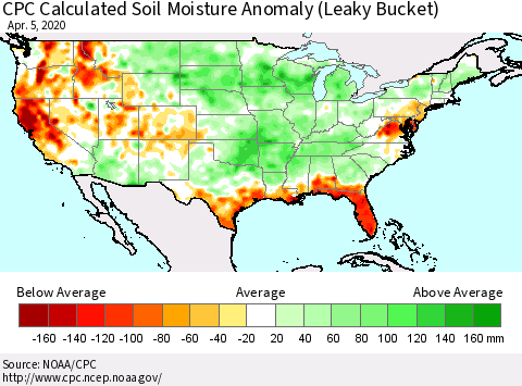 United States CPC Soil Moisture Departure from Normal (Leaky Bucket) Thematic Map For 4/1/2020 - 4/5/2020
