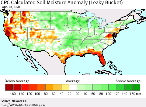 United States CPC Calculated Soil Moisture Anomaly (Leaky Bucket) Thematic Map For 4/6/2020 - 4/10/2020