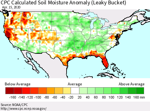 United States CPC Calculated Soil Moisture Anomaly (Leaky Bucket) Thematic Map For 4/11/2020 - 4/15/2020