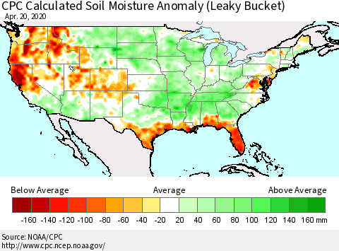 United States CPC Calculated Soil Moisture Anomaly (Leaky Bucket) Thematic Map For 4/16/2020 - 4/20/2020